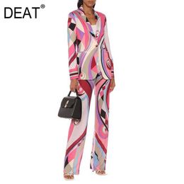 [DEAT] Spring Autumn Fashion Long Sleeve V-neck Single Button Printing Blazer Pencil Pants Suit Women 13C520 210527