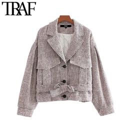 TRAF Women Vintage Stylish Houndstooth Tweed Pockets Jacket Coat Long Sleeve Bow Tie Sashes Female Outerwear Chic Tops 210415