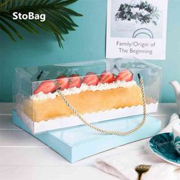 StoBag 10pcs Chocolate Cake Packaging Box Portable Swiss Roll Transparent Box Towel Roll Pastry Baking Packaging Party Birthday 210402
