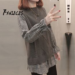 Fall Sweater Pullovers Fake 2 Two Piece Bottoming Shirt England Style Plaid Long Sleeve Fashion Casual Knitting cute Top 210520