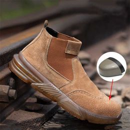 Men's Protective Safety Boots, Anti-Smash And Anti-Puncture Khaki Suede Leather Breathable Non-Slip Low-Top Shoes 211217