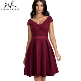 Nice-forever Sexy V-necking with Embroidery Lace Patchwork Dresses Cocktail Party Flared Women Dress btyA077 210419