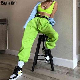 Rapwriter Fashion Fluorescent Dreen Drawstring Sweatpants Joggers Women Casual Loose Streetwear High Waist Pants bottom Hot 210415