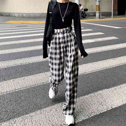 HOUZHOU Korean Style Plaid Pants Women Students Jokers Grid Black and White Chequered Loose Trousers 211124
