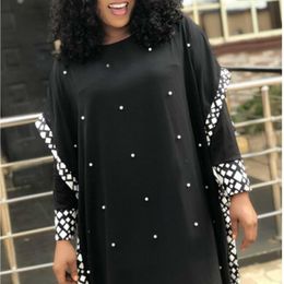 Schwarze Kleider O-Ausschnitt bedruckt mit Perlen Afrikanische Frauen Mode Ärmel Patchwork Weibliche Maxi Lange Roben Plus Size Vestidos 210416