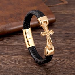 Pulseira de couro genuíno homens cor ouro cruz handmade punk jóias charme braceletes luxo clasp magnético pulgente inteiro gif