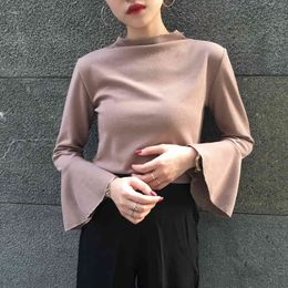 Women's spring and autumn long-sleeved solid Colour trumpet sleeves with thin inner T-shirt bottoming shirt tops PL166 210506