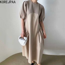 Korejpaa Women Dress Summer Ladies French Round Neck Loose Contrast Colour Stitching Wrinkle Feeling Fake Two-Piece Vestidos 210526