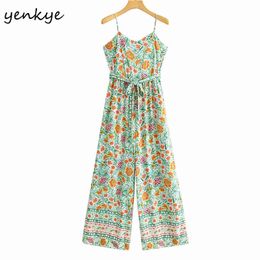 Floral Print Sexy Sling Jumpsuit Women Sleeveless With Belt Holiday Casual Boho Romper Summer Long Overalls monos mujer 210430