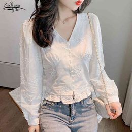 white V-neck Woman blouse Lace Embroidery Clothing Vintage Puff Sleeve Single Breasted shirts and Tops Blusas Mujer 10536 210508