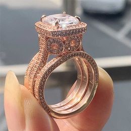 Arrival Vintage Fine Jewellery 925 Sterling Silver&Rose Gold Cushion Shape White Topaz CZ Diamond 3PCS Wedding Ring 211217