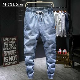 Autumn Men's Light Blue Harem Jeans Plus Size 5XL 6XL 7XL Elastic Waist Denim Pants Male Brand Trousers 211108