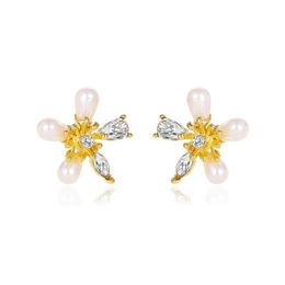 Women Pearl Flower Model Stud Earrings Sweet Business Wind Floral Diamond Ear Nail European Party Gift Alloy Plant Earring Jewellery Accessories