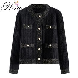 H.SA sueter Elegant Female Sweater and Cardigans Button Up Pearl Beading Black White Formal Knit Jacket jersey mujer 210417