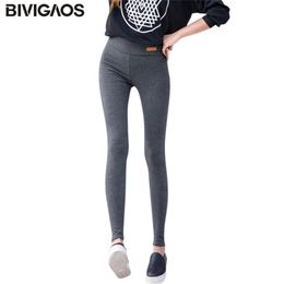 BIVIGAOS Womens Casual Thicken Nine Pants Leggings Waist Leather Lable Elastic Cotton Female Women Clothing 211204