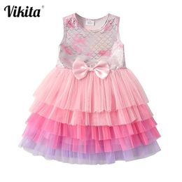 VIKITA Lace Layered Dress for Girls Toddlers Princess Party Prom Dresses Kids Tutu Dress Children Sleeveless Summer Clothes 210331