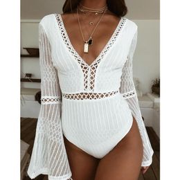 Summer Lace Bodysuit Women Sexy Deep V-Neck Flare Sleeve Playsuit Rompers Ladies Backless Long Sleeve Hollow Out Overalls 210419