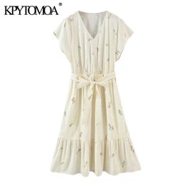 Women Chic Fashion With Sashes Floral Print Linen Midi Dress Short Sleeve Lining Female Dresses Mujer 210420