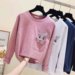 Autumn Spring Women T Shirts Fashion Long Sleeve White T Shirt Embroidered Rabbit loose Tops T Shirts 210401