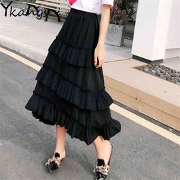 Spirng Summer Irregular Ruffled Black Long Skirt Women Fashion pleated skirt Female Kroean Casual Solid Midi For 210421
