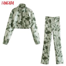 Women Tracksuit Tie Dyed Suit 2 Pieces Sets Zipper Crop Hoodies Sweatshirt and Pants Suits QD33 210416