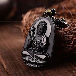 Fashion Natural Black Obsidian Carved Dashizhiguanyin Lucky Amulet Jade Pendant Necklace For Women Men Jewellery