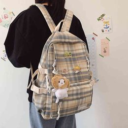 Vintage Plaid Printing Women Daily Backpack Simple Preppy Style Large Capacity School Bags for Students Girls Travel Rucksacks Y1105