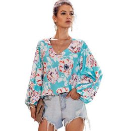 Summer Floral Print Womens Tops And Blouses Fashion V Neck Lantern Long Sleeve Casual Loose Ladies Shirts Plus Size Blouse 210608