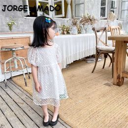 Korean Style Summer Kids Girls Dress White Polka Dot Square Collar Short Sleeves Princess Children Clothes E1025 210610