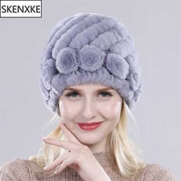 Verkaufen Frauen Winter Gestrickte Echt Rex Kaninchen Pelz Hut Flauschige Natürliche Kappe Dame Gute Elastische 100% Echte Hüte 211119