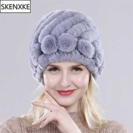 Sell Women Winter Knitted Real Rex Rabbit Fur Hat Fluffy Natural Cap Lady Good Elastic 100% Genuine Hats 211119