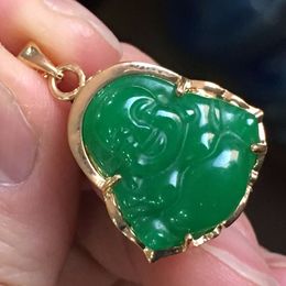 Free ShippingNew good Lucky Green JADE NEW 14K GP GOLD Buddha Pendant&Necklace