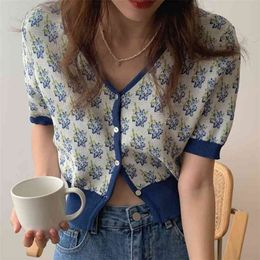 South Korean Chic Summer T-shirt Retro V-neck Bump Colour Print Trim Single-line Button-up Short-sleeved Knitted Top 210529