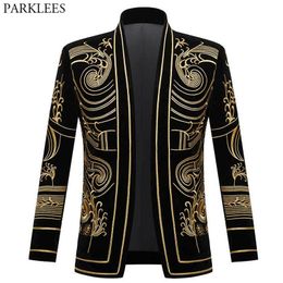 Luxury Baroque Gold Floral Embroidery Blazer Jacket Men Shawl Lapel Velvet Cardigan Blazers Men Wedding Party Prom Costume Homme 220310