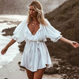 Jastie Retro Beach Short Dress Women Ruffle Half Sleeves Chic V-Neck Mini Dresses Casual Boho Flowing Kaftan Lady Dress Vestidos 210419