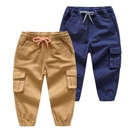 Spring Autumn Casual 3 4 6 8 10 Years Children's Solid Trousers Big Pocket Drawstring Long Cargo Pants For Kids Baby Boys 210529
