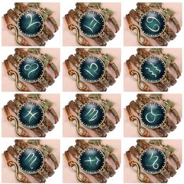 Twelve constellations time gem Leather Bracelet multi layer retro combination Bracelet