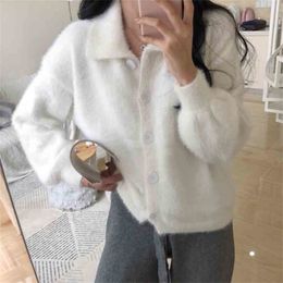 Spring Autumn Knitted Cardigan Women Turn Down Collar Button Up Flurry Sweaters Ladies Vintage Korean Grey Sweater 210525