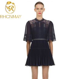 High Quality Runway Self-Portrait Summer Navy Blue Lace Dress Women O Neck Patchwork Pleated Half sleeve Party 210506