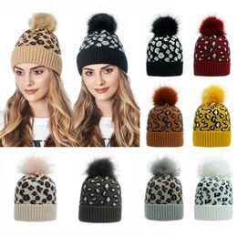 Women Winter Knitted Beanies Leopard Wool Hat With Pom Casual Skullies Warm Caps 9 Colors HH21-15pcs Free DHL Ship 511