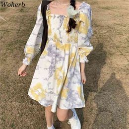 Summer Vestido De Mujer Chic Tie-dye Dresses for Women Korean Sweet Robe Square Collar Ruffles Pleated Dress 95312 210519