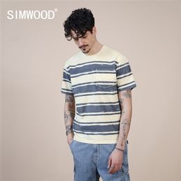 Summer Oversize Vintage Striped T-shirts Men 100% Cotton Chest Pockets Plus Size Tops Quality Brand Clothing 210716