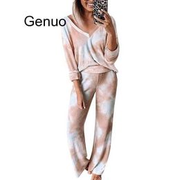 Tie-dye Night Gown Household Women Clothing Casual Two Piece Sets Long Sleeve Tee Top Long Pants Suit Lounge Wear Tracksuit New Y0625