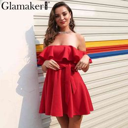 Glamaker Ruffle off shoulder red women dress Sexy strapless waist belt loose dress vestidos spring night female party club dress 210412