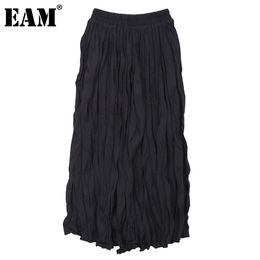 [EAM] High Elastic Waist Black Pleated Irregular Casual Half-body Skirt Women Fashion Spring Autumn 1DD7132 210512