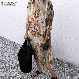 ZANZEA 2021 Retro Printed Shirt Dress Women's SundressAutumn Casual Long Sleeve Midi Vestidos Female Button Robe Plus Size 5XL X0521