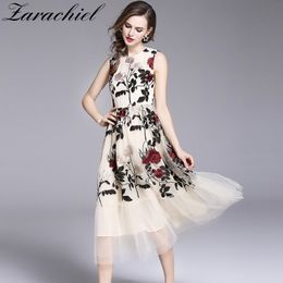Floral Embroidery Mesh Women Summer Sleeveless Princess Dress Runway Longue Tank Casual Party Long Dresses 210416