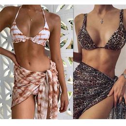 Sexy 3 Piece Swimsuit Women Tie Dye Push Up Padded Biquini Brazilian Summer Bathing Suit Thong Bikini Swimwear Women Skirt 210407