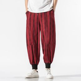 Korean Baggy Linen Casual Pants Male Striped Sweatpants Pant Hip Hop Streetwear Harajuku Loose Cotton Trousers Men 5XL Men's