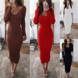 Sexy V-Neck Women Knitted Dress Autumn Winter Long Sleeve Elegant Party Female Solid Colour Black White Red-Brown Bodycon 210517